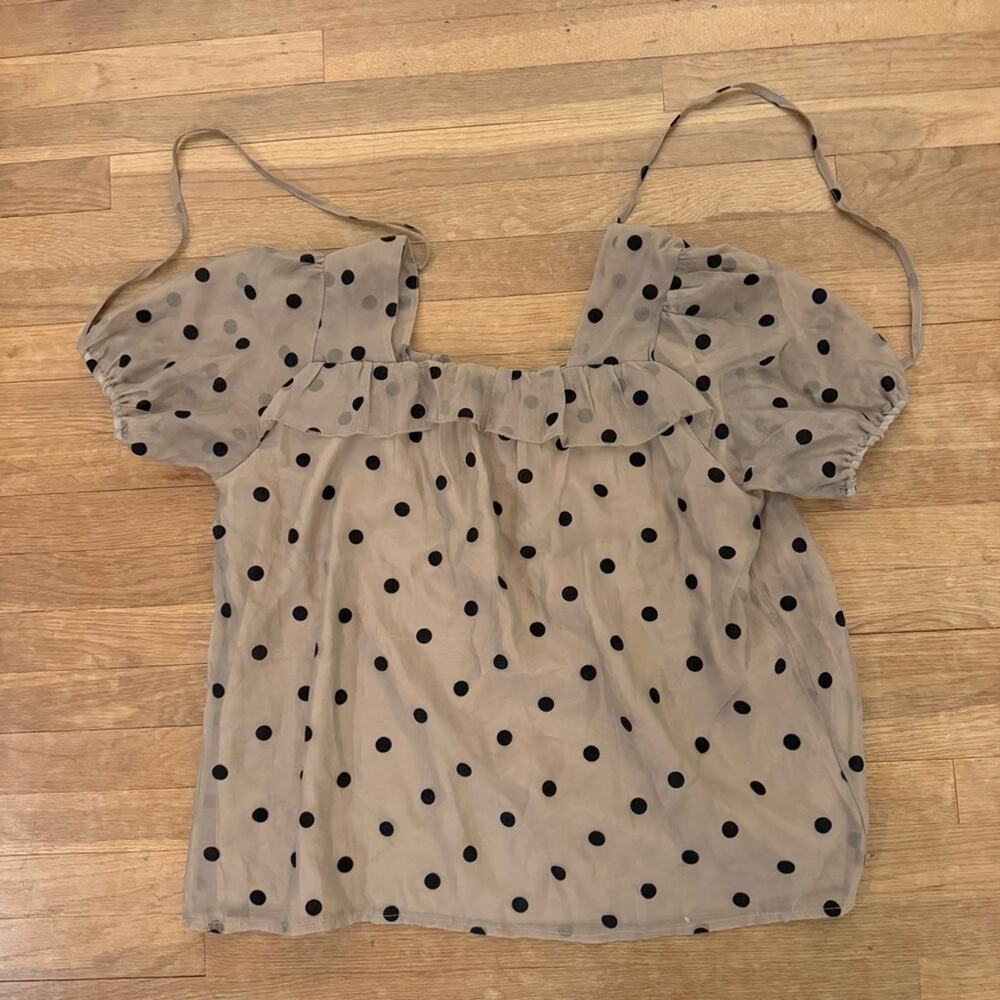Polka Dot Taupe Black Puff Sleeve Chiffon Blouse Shirt Top Size Large L
b66